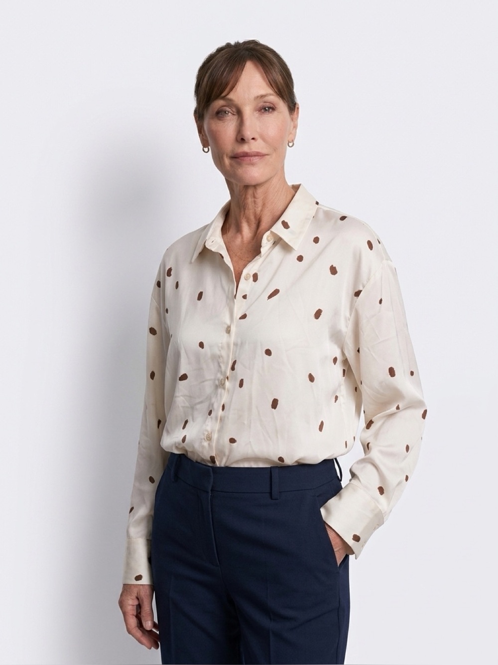 Blu Pepper Dotted Long Sleeve Top - Cream & Brown Comfort Stretch - Size Large